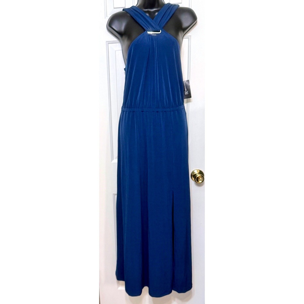 Inc  Petite Large Indigo‎ Sea Maxi Dress Halter Slit